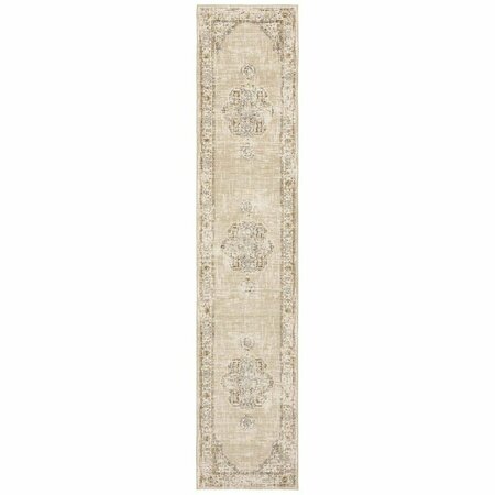 PLANON 3 x 12 ft. Beige & Ivory Center Jewel Runner Rug PL3094088